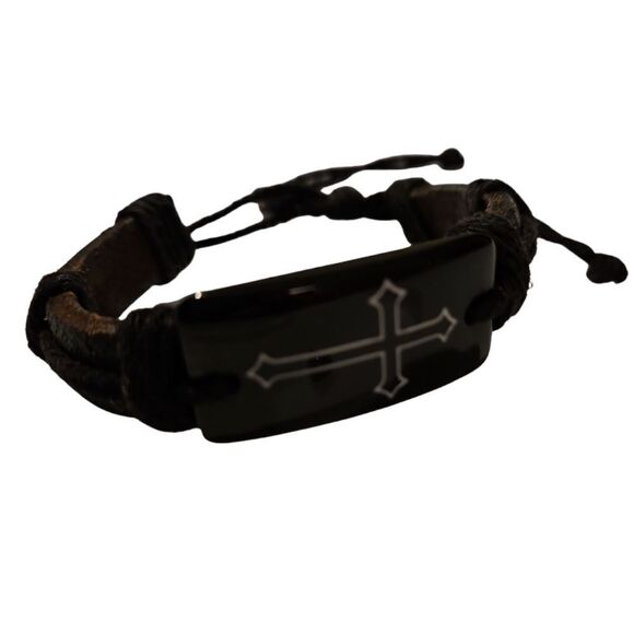 Black Leather Bracelet Slide String Closure - Picture 1 of 4